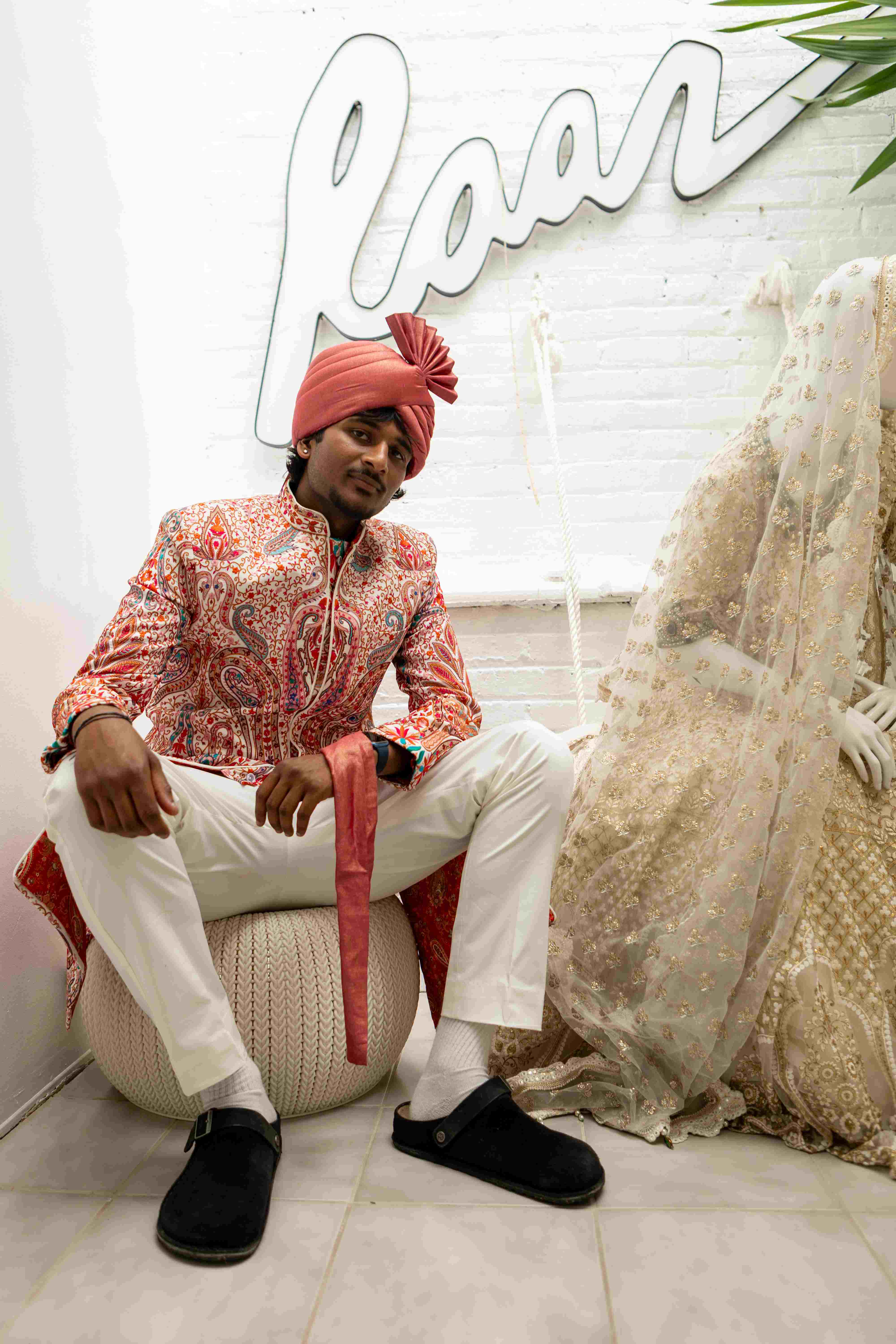 Traditional Paisley Kurta - Seated Pose